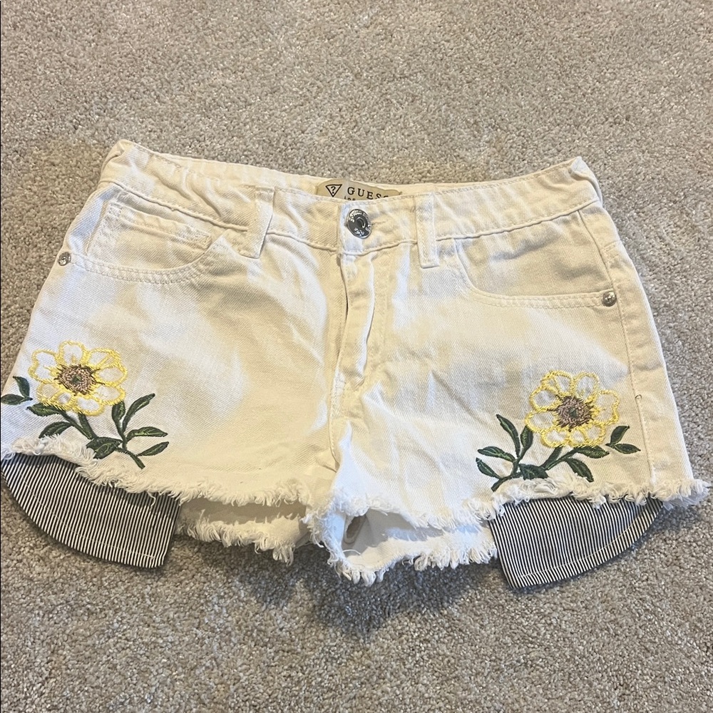 GUESS Cream Denim Shorts with Yellow Floral Embroidery